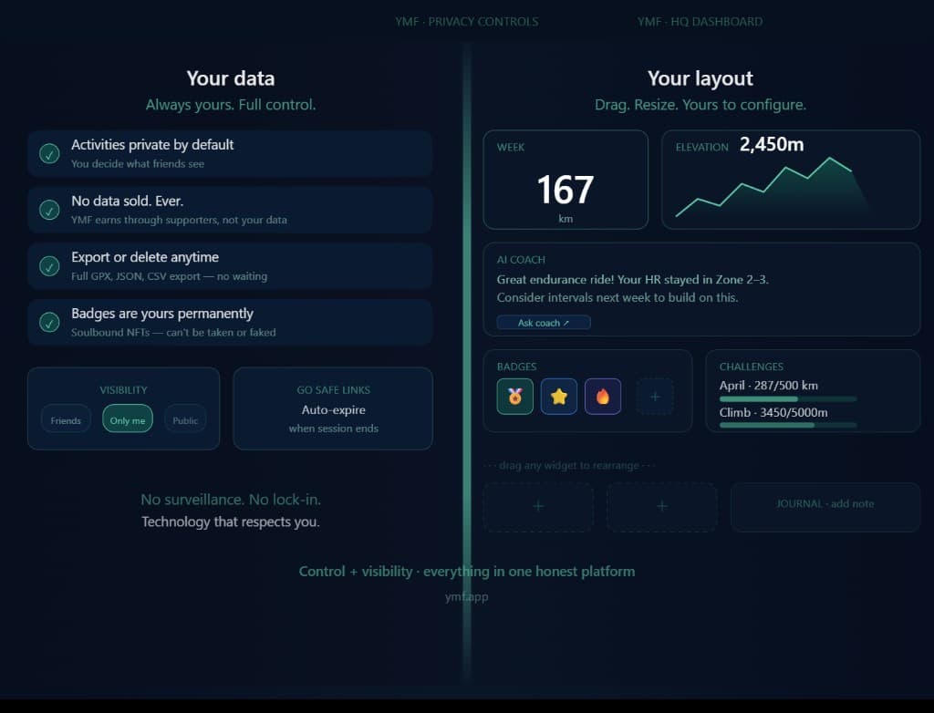 YMF privacy controls beside modular widget HQ dashboard