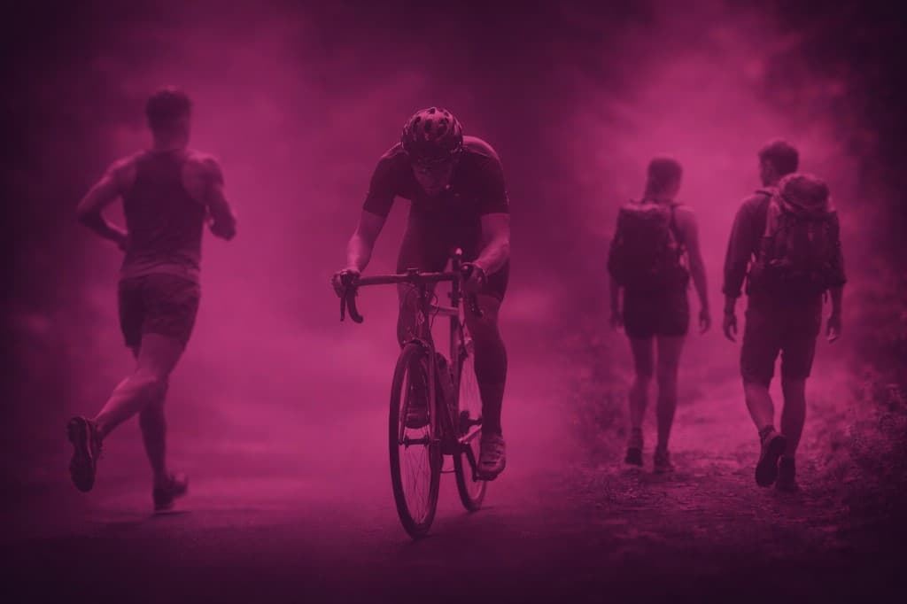 Hikers in misty magenta tones